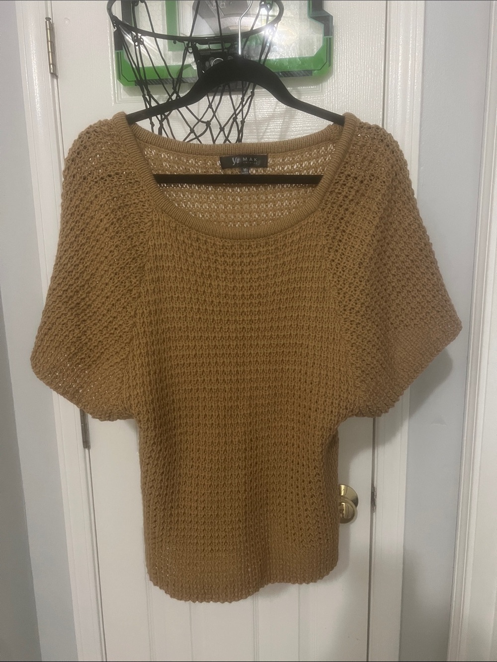 Open-Knit Scoop Neck Sweater in Camel by Yohmax